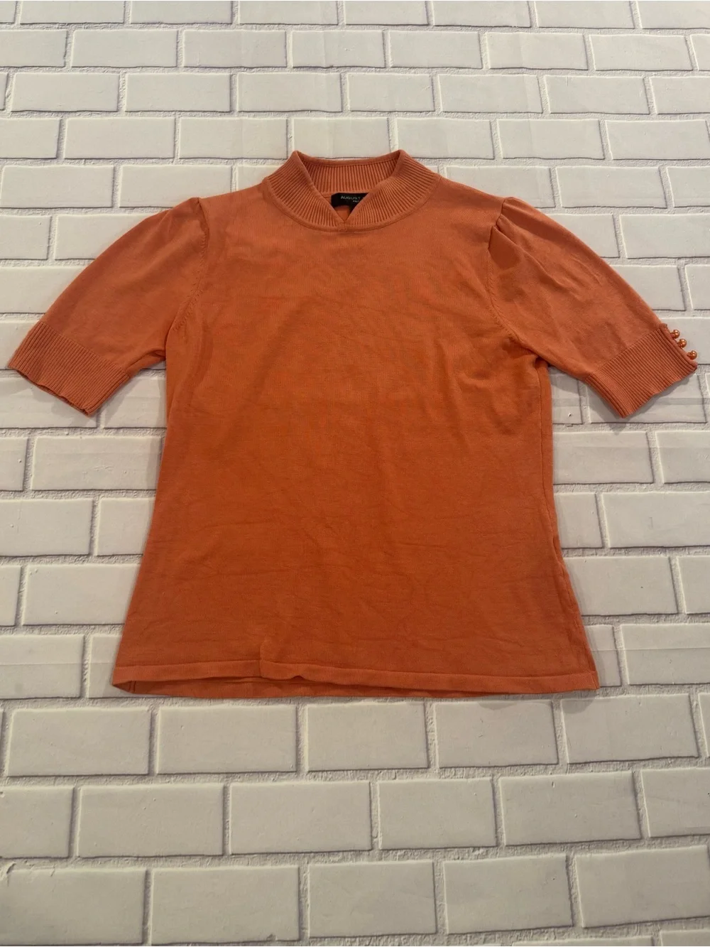 August Silk Knit Mock Neck Short Sleeve Sweater Top Peach Pearl Sleeve Detail/M